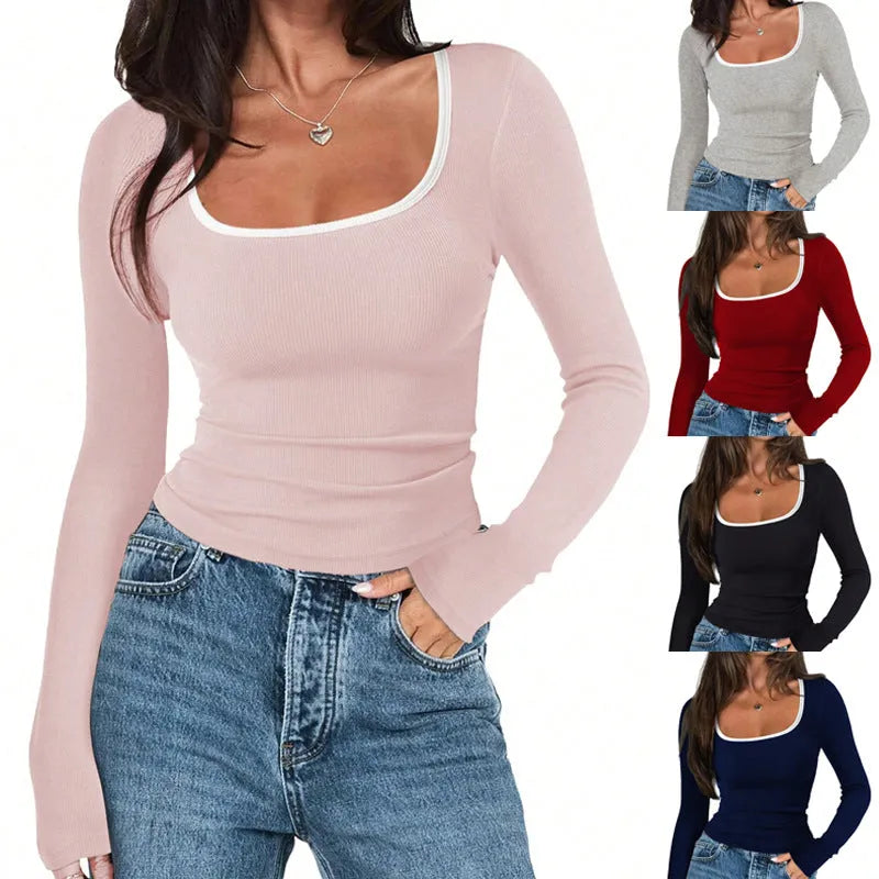 Women's square collar slim fit cotton top in light grey, long sleeves, commuting style