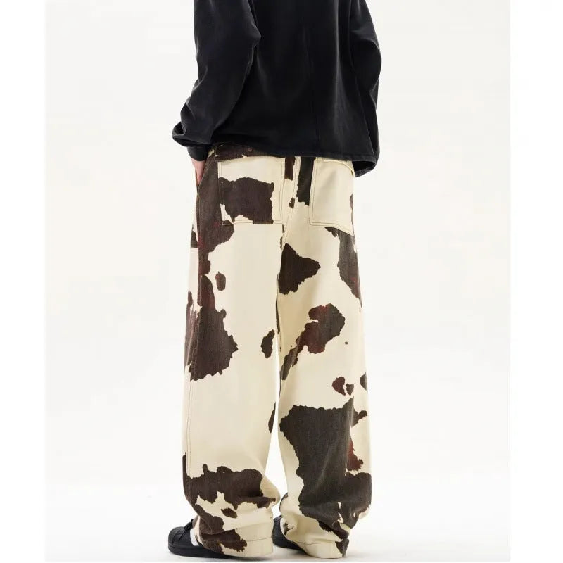 Men's straight-leg casual trousers with American retro cow pattern print in cow colour