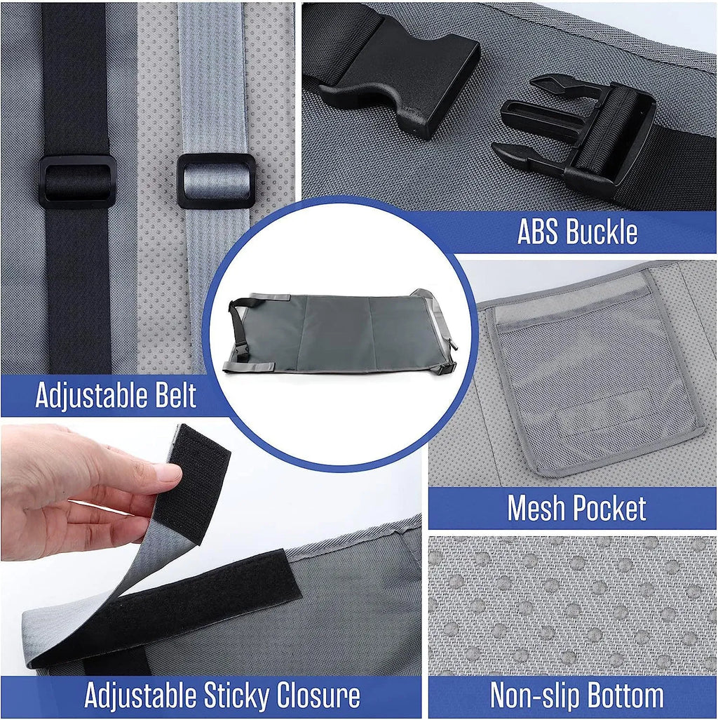 Portable children's aircraft seat extender with drawstring storage pocket in blue colour