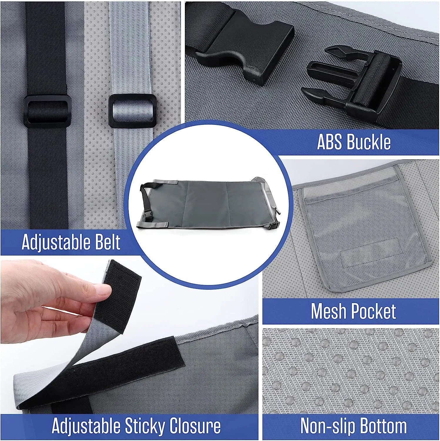 Portable children's aircraft seat extender with drawstring storage pocket in blue colour