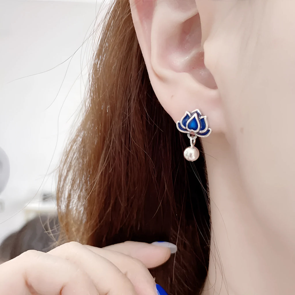 Blue lotus earrings with retro seedpod tassel design and flower shape measuring 1.2cm wide