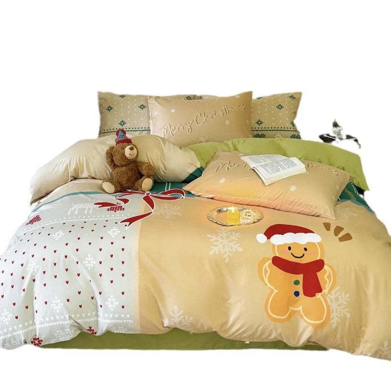 Christmas cartoon printed bedding set with super soft washed cotton material showing Gingerbread Man pattern