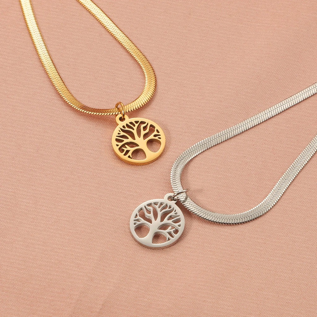 Stainless steel Lucky Tree clavicle chain necklace with adjustable snake bone chain and tree pendant