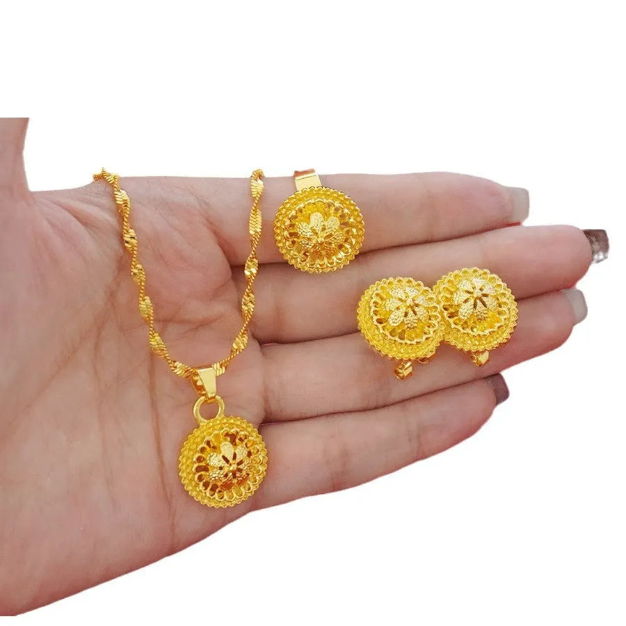 Gold-plated three-piece jewellery suit with three-layer flower design pendant, earrings, and ring on water wave chain