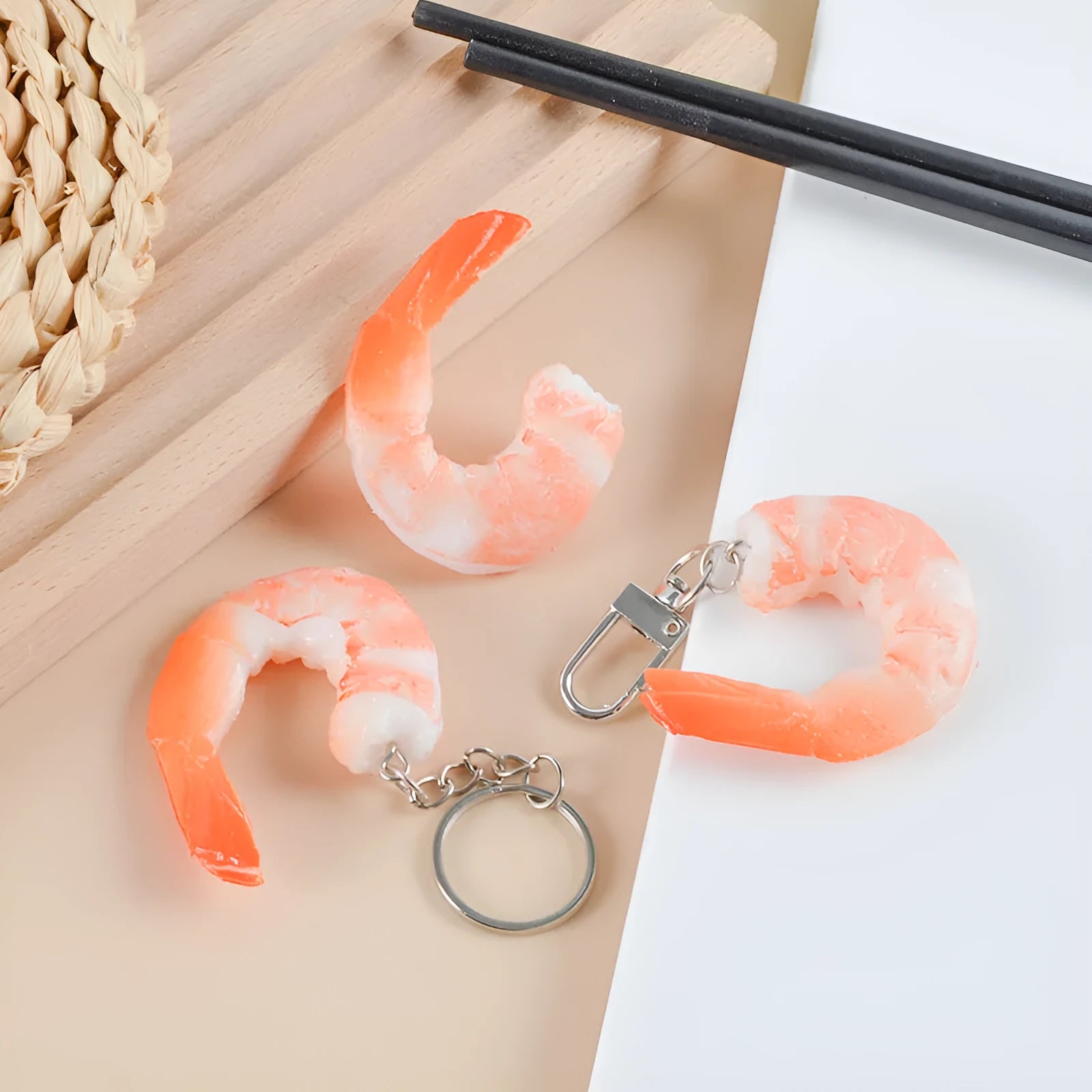 PVC injection moulded shrimp keychain with modern design measuring 1.5cm thick