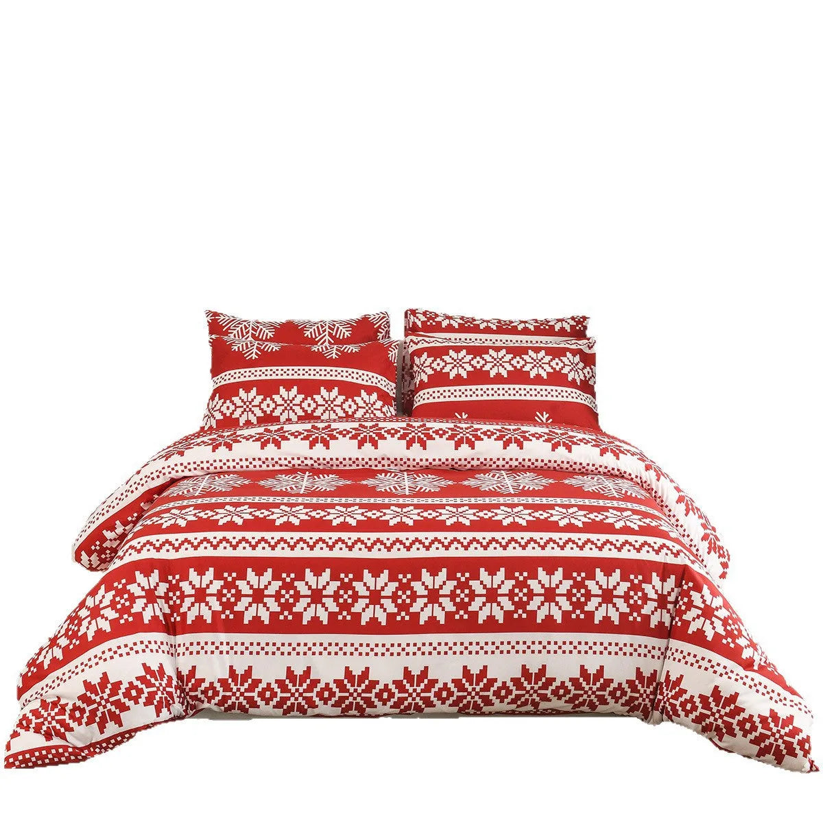 Red Winter Sleepers pattern bed three-piece set with quilt cover and pillowcases on 2.8m bed