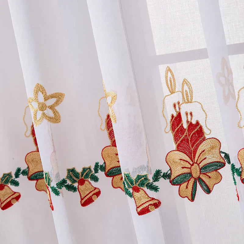 American-style Christmas curtain with white embroidered snowflake design on red polyester fabric.