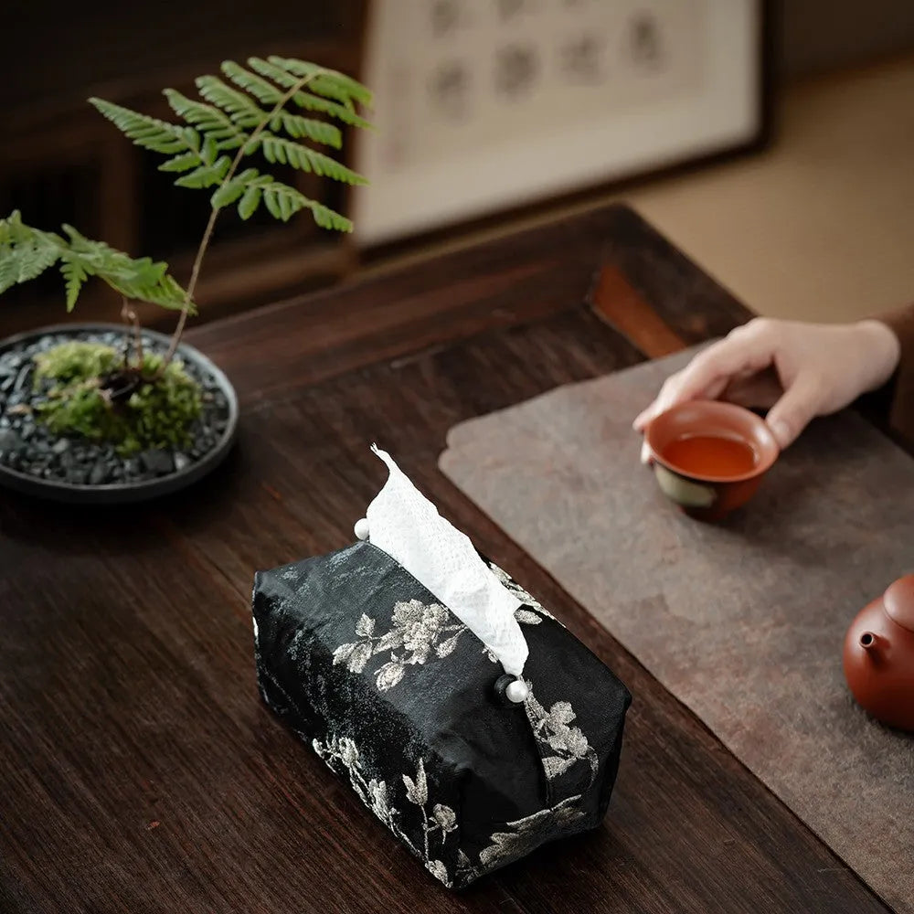 White Chinese brocade tissue box cover with embroidered plum flowers and optional pearl buckle