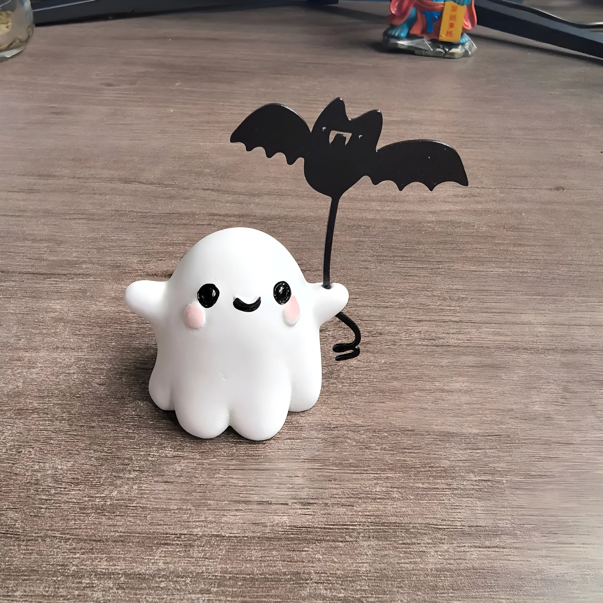 Miniature resin ghost walking dog statue holding bat Halloween decoration