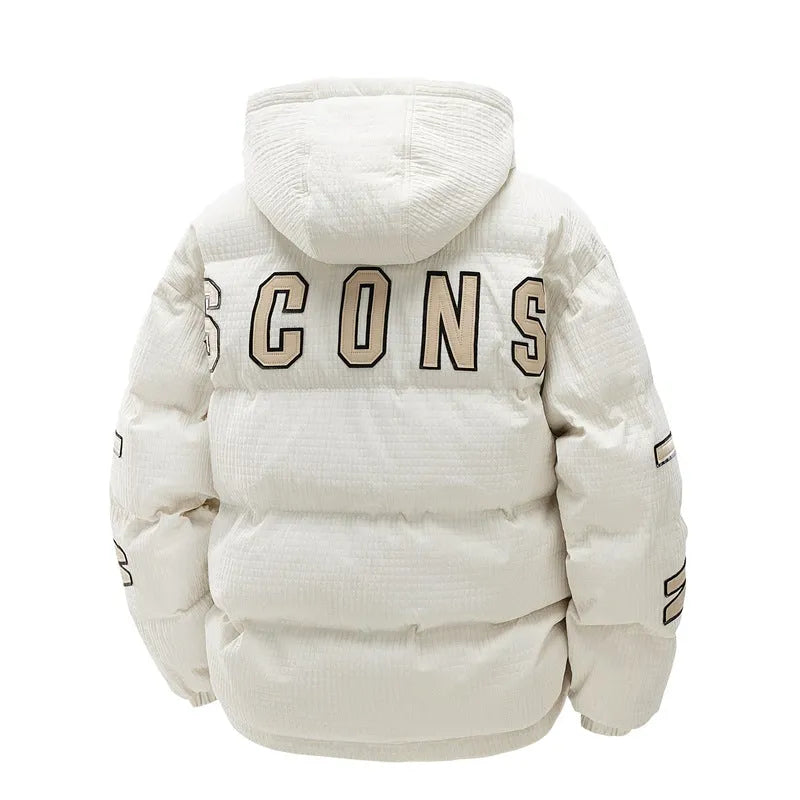 Men's black hooded winter coat with letter print, side pockets, and a cardigan style.