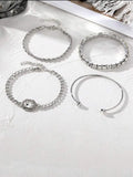 Women's retro geometric alloy bracelet four-piece set showing square diamond detailing on metal chain