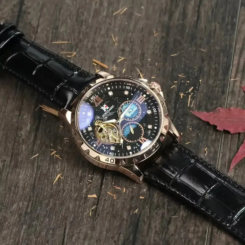 Black and rose gold automatic mechanical watch with large dial and genuine leather strap