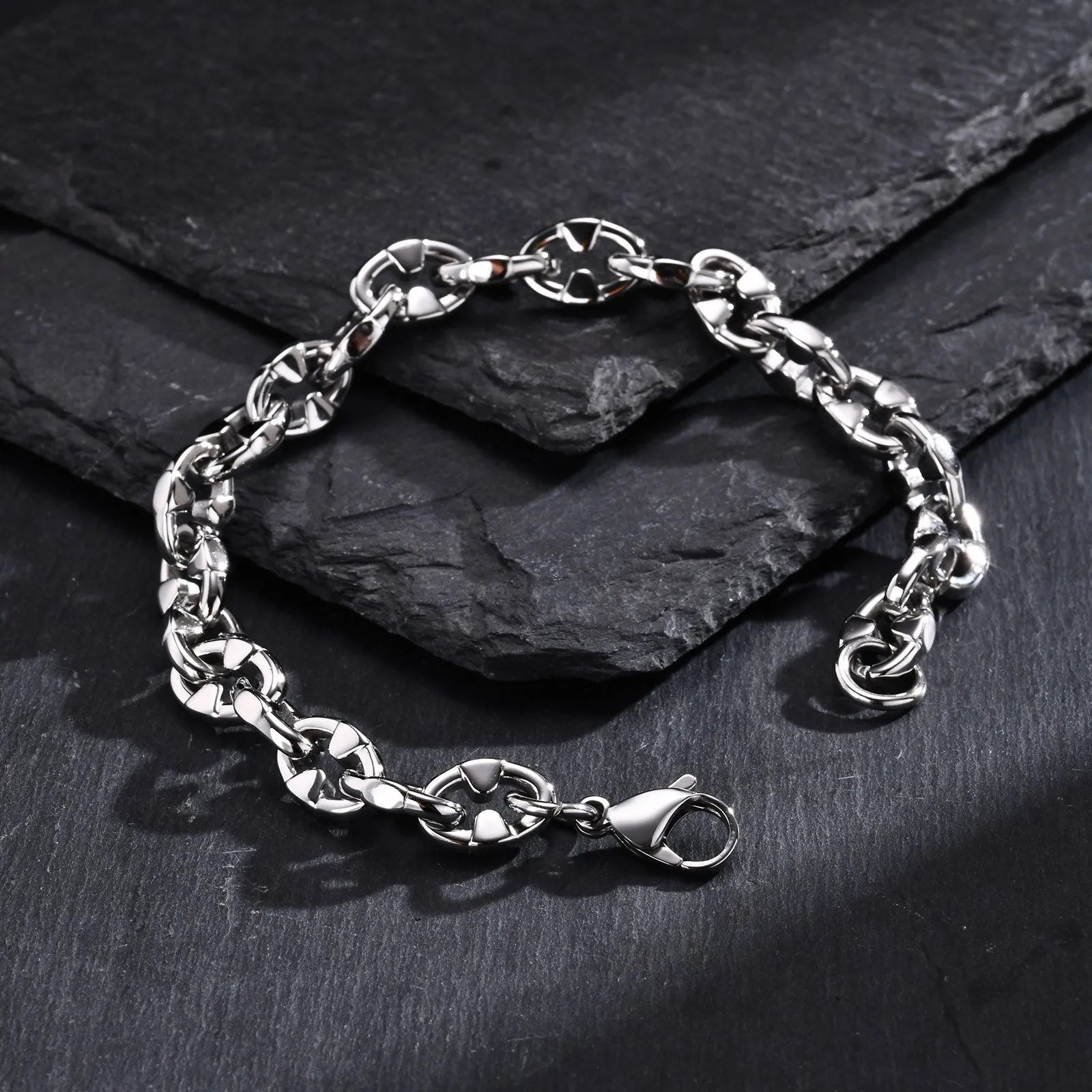 Stainless steel handmade thick geometric chain bracelet in steel colour for men's hip hop fashion