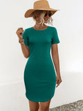 Women's U-neck slim fit dress with side split in cotton blend fabric, available in green and blue colour options