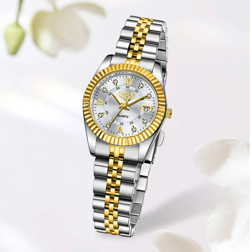 Women's waterproof quartz fashion watch showing gold case with black dial from available colour options