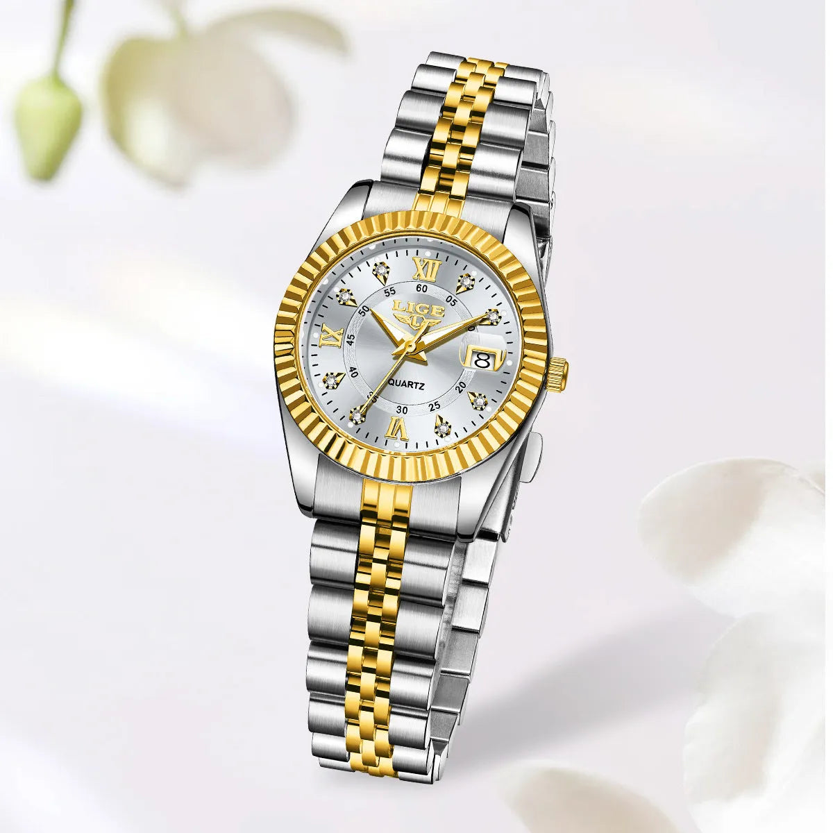 Women's waterproof quartz fashion watch showing gold case with black dial from available colour options