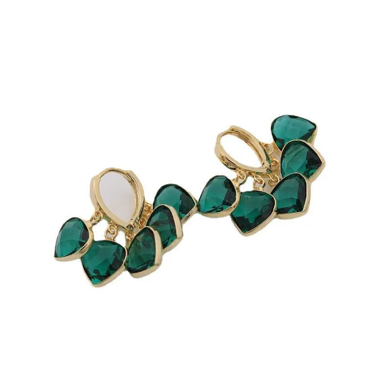 Korean style green heart pendant glass ear clip earrings with artificial gemstone detailing