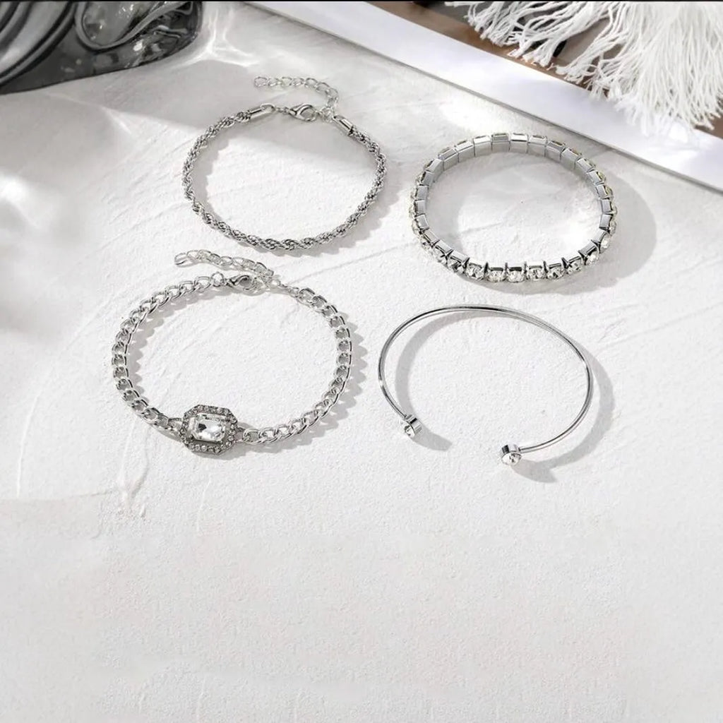Women's retro geometric alloy bracelet four-piece set showing square diamond detailing on metal chain