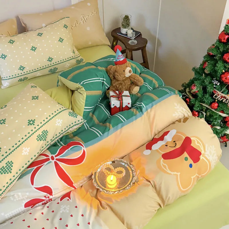 Christmas cartoon printed bedding set with super soft washed cotton material showing Gingerbread Man pattern
