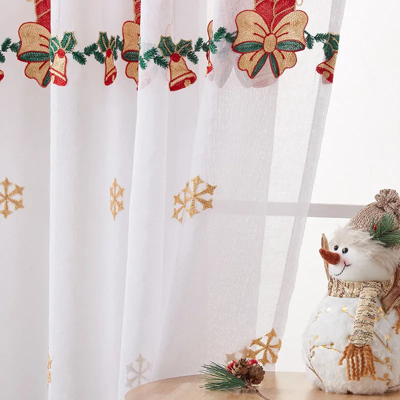 American-style Christmas curtain with white embroidered snowflake design on red polyester fabric.