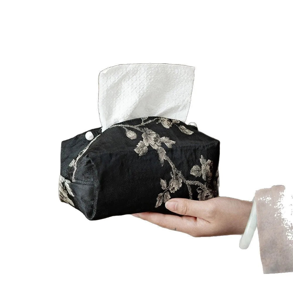 White Chinese brocade tissue box cover with embroidered plum flowers and optional pearl buckle