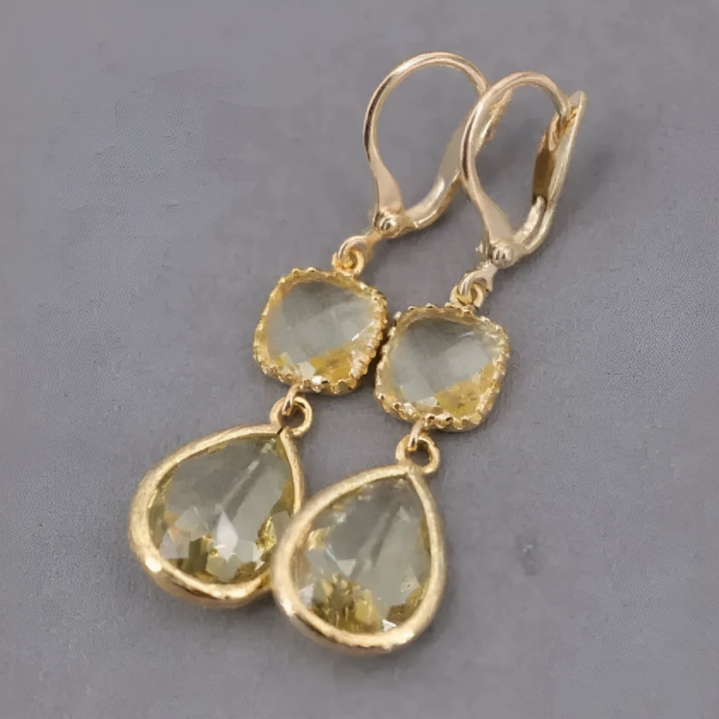 Gold geometric long fringe earrings with water droplet crystals on copper