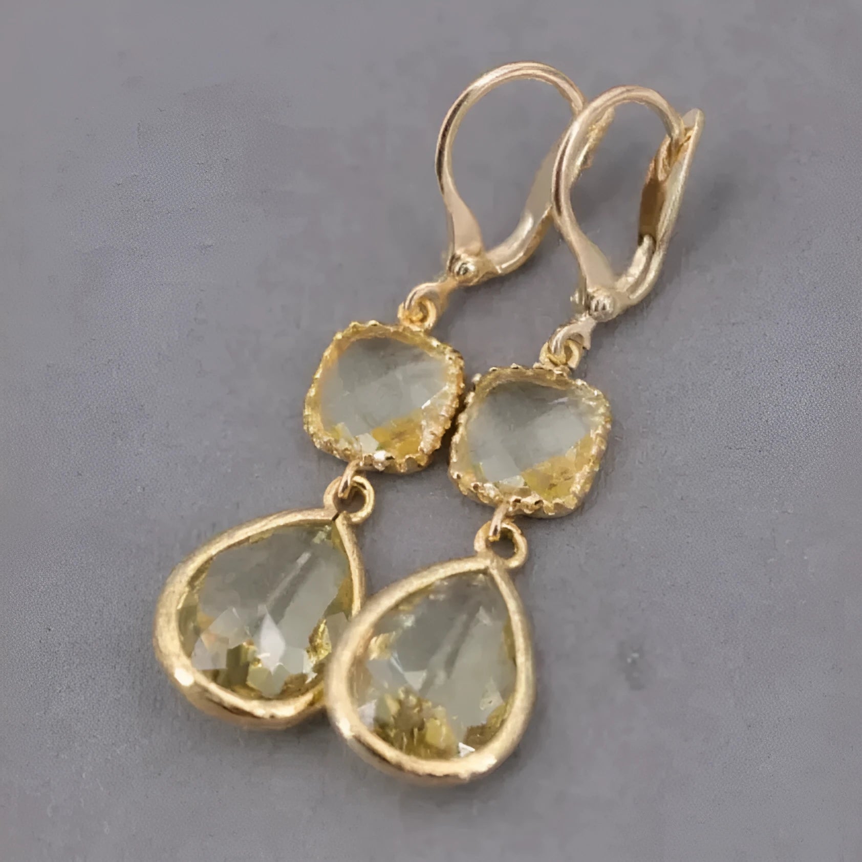 Gold geometric long fringe earrings with water droplet crystals on copper