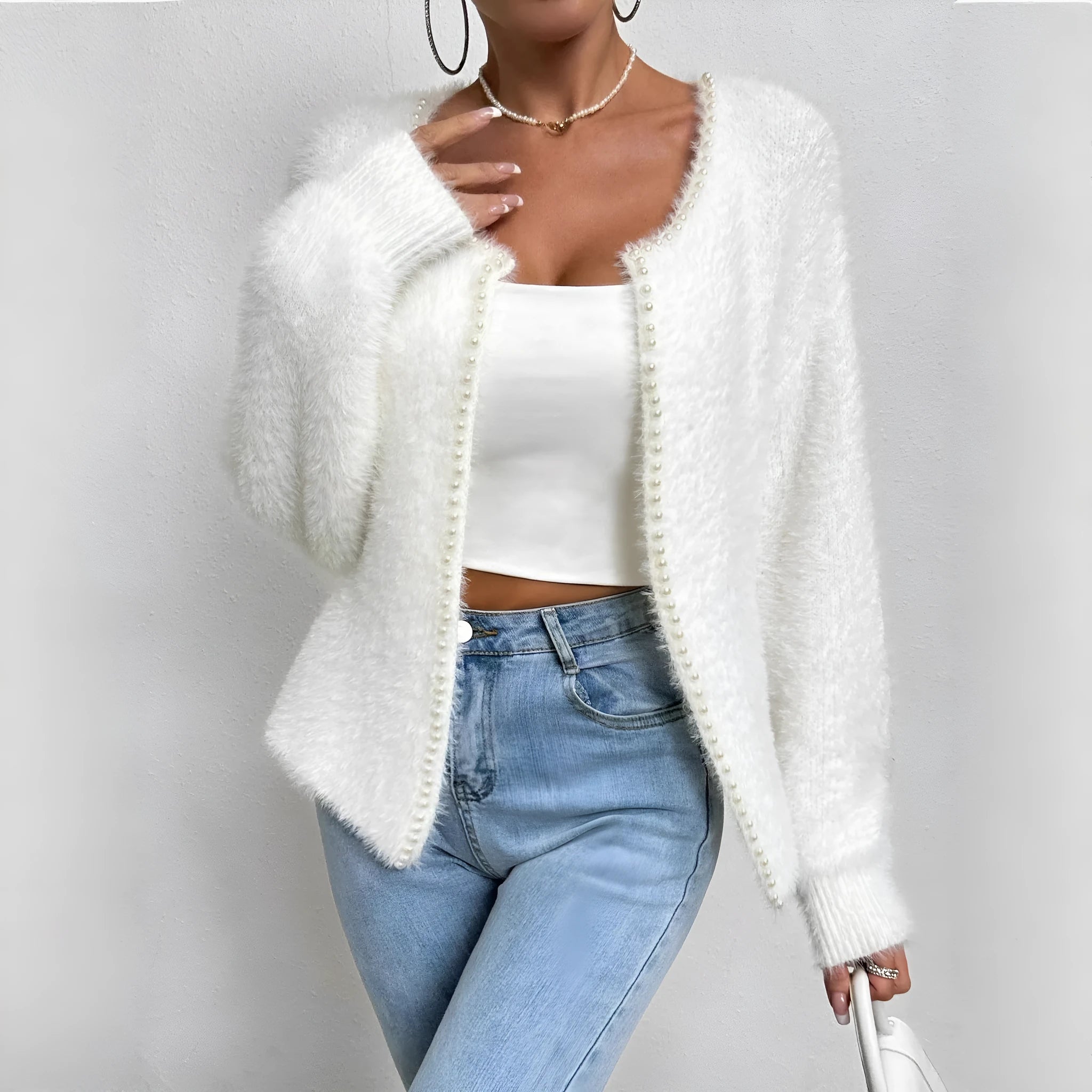 White women's V-neck cardigan with beaded knit texture