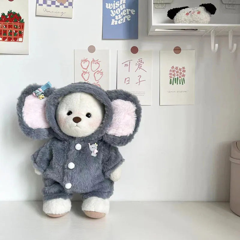 Grey elephant print jumpsuit for 30cm Lina bear doll made from plush fabric