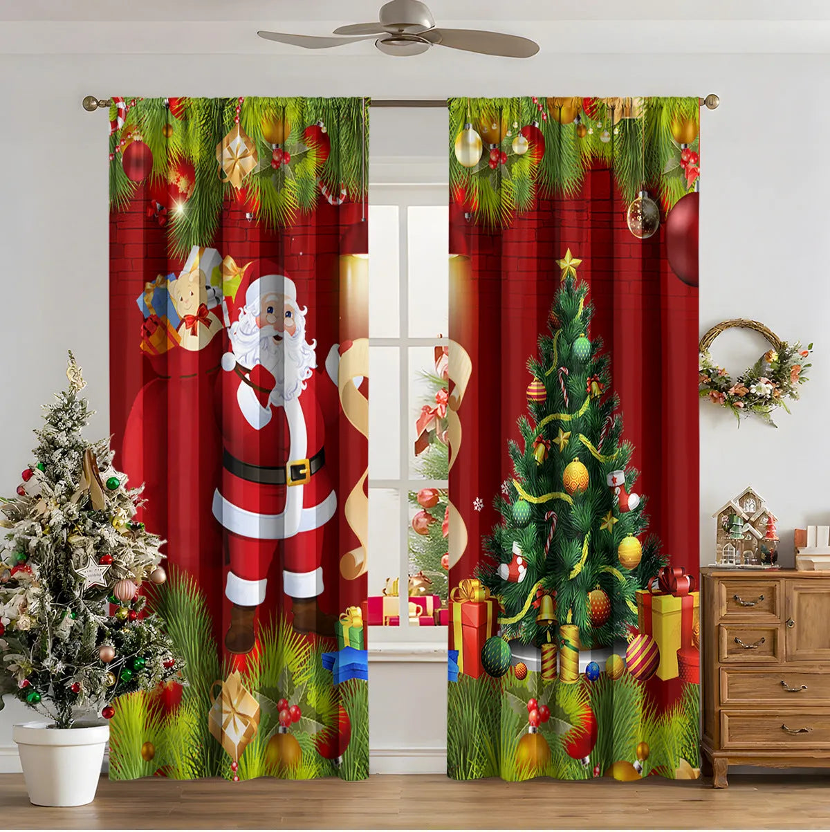 Pair of 3D digitally printed Christmas curtains with a European pattern on polyester fabric.