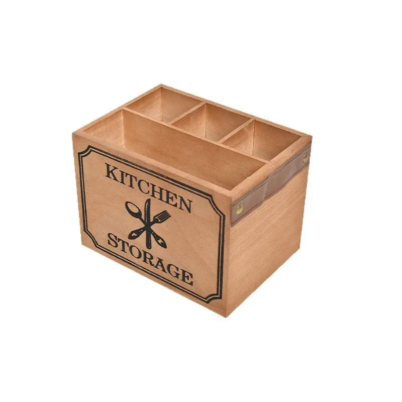 Wooden kitchen storage box with compartments for knives forks and chopsticks
