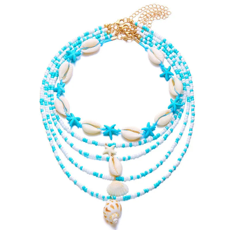 Women's starfish shell conch bead necklace five-piece set with blue and colourful electroplated alloy pendants