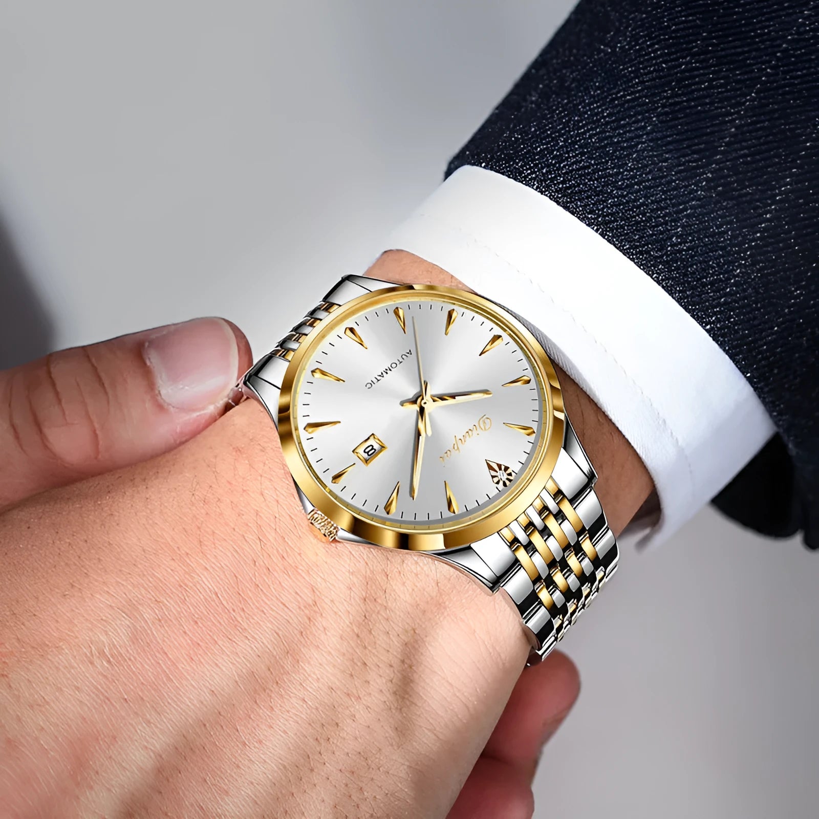 Men's stainless steel automatic watch with simple dial design in various colour options