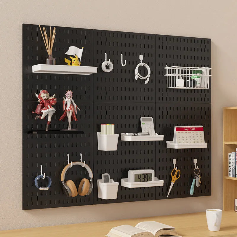 White punch-free wall storage rack with wire-wrap board for cable organisation