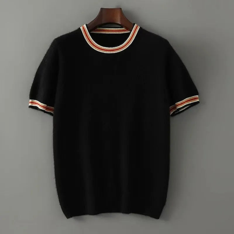 Men's grey pure wool short sleeve round neck pullover sweater laid flat