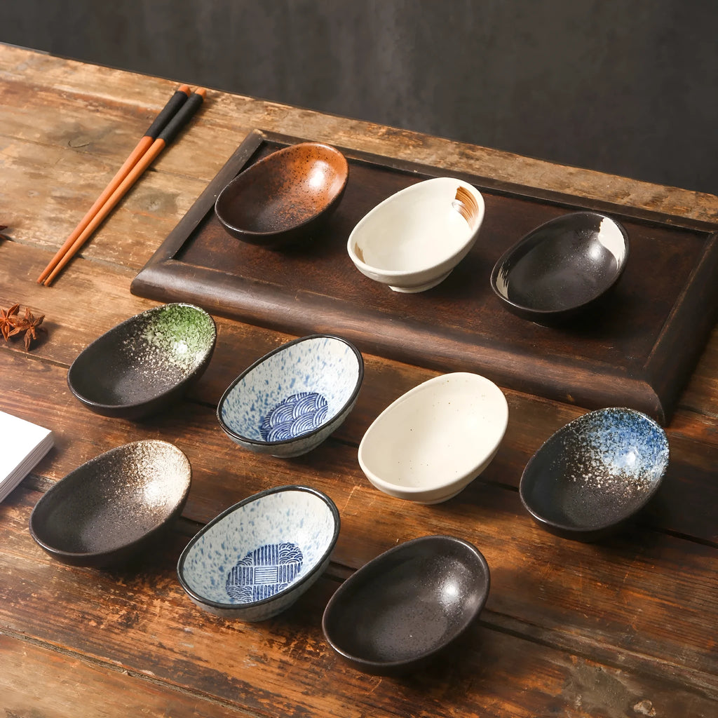 Oval Japanese ceramic sauce dipping bowl with traditional Edo pattern design