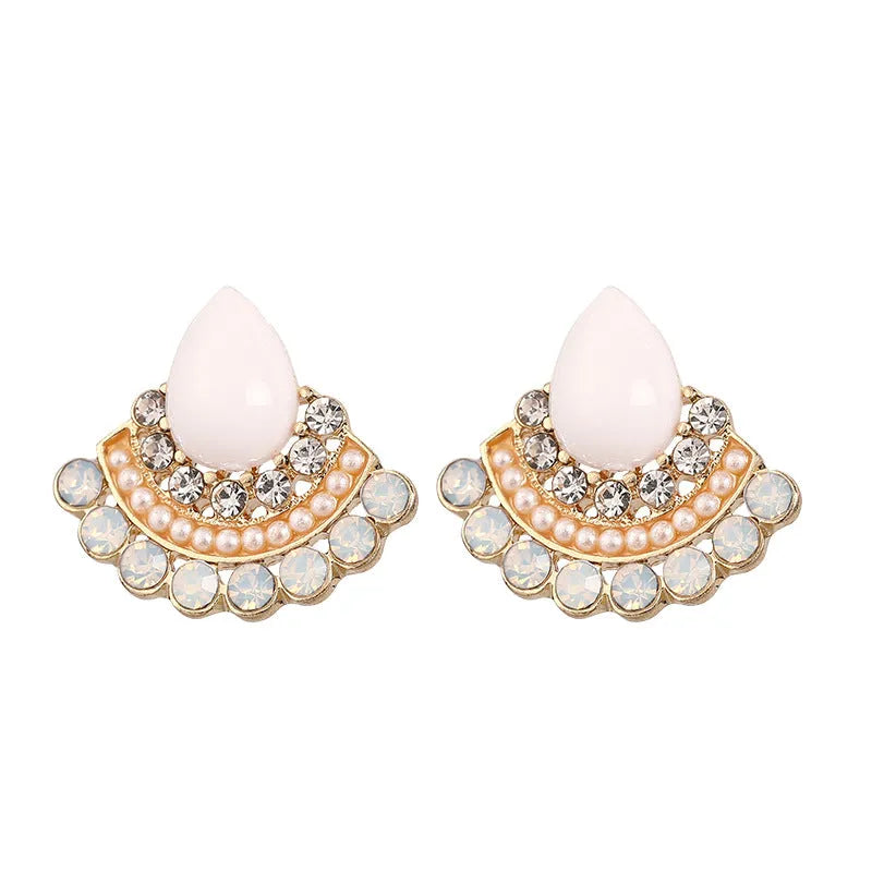 Women's retro fan-shaped opal rhinestone earrings with electroplated silver finish