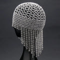 Handmade beaded belly dance hat with tassel decorations in silver colour