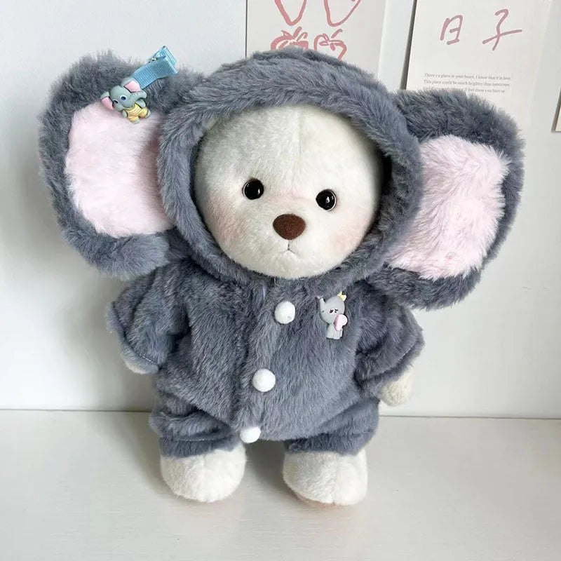 Grey elephant print jumpsuit for 30cm Lina bear doll made from plush fabric