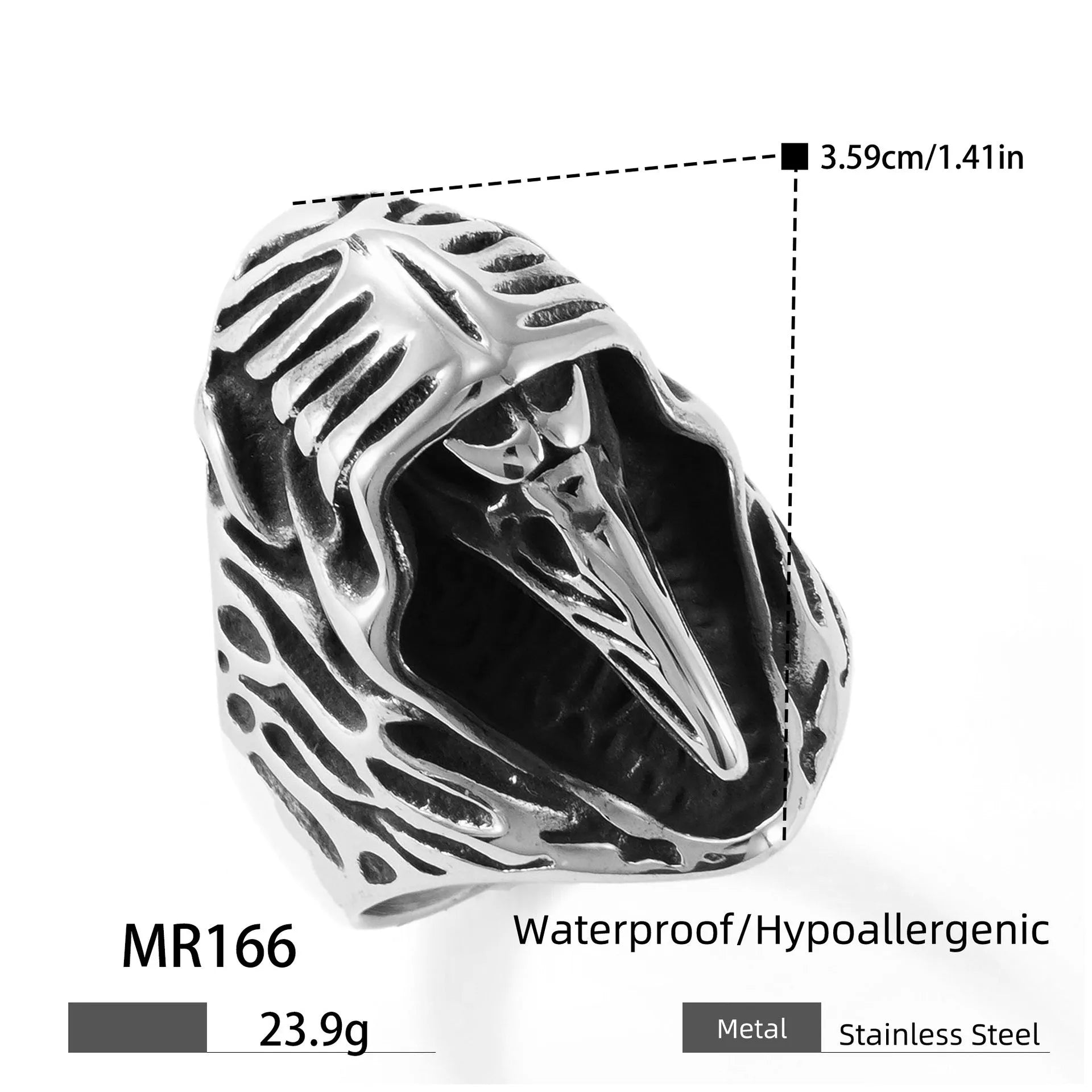 Black stainless steel crow punk ring with geometric design on finger