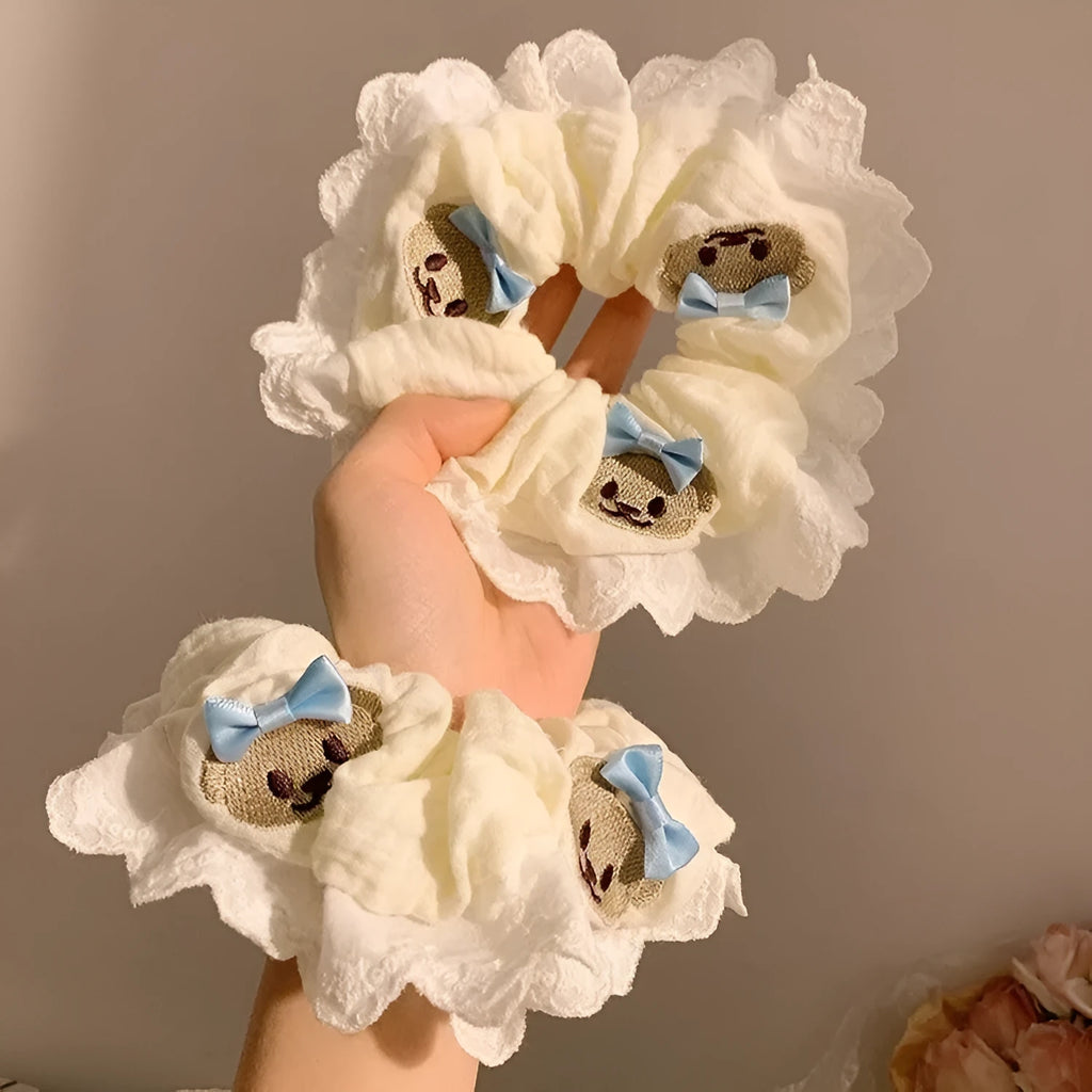 Blue cloth hair ring with bear decoration and bow, elastic large intestine style headband