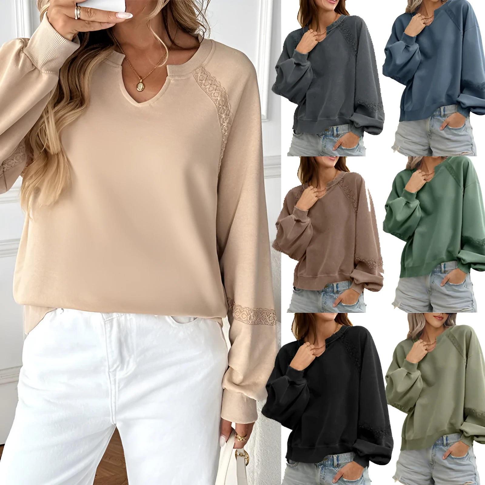 Women's loose fit sweater with half-open lace collar in cotton polyester blend fabric