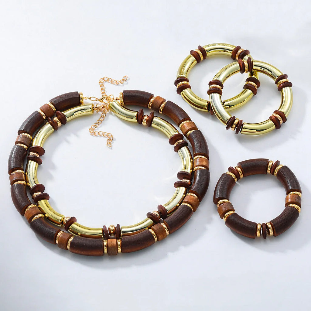 Multi-layer wooden necklace and bracelet set with alloy construction and exaggerated styling