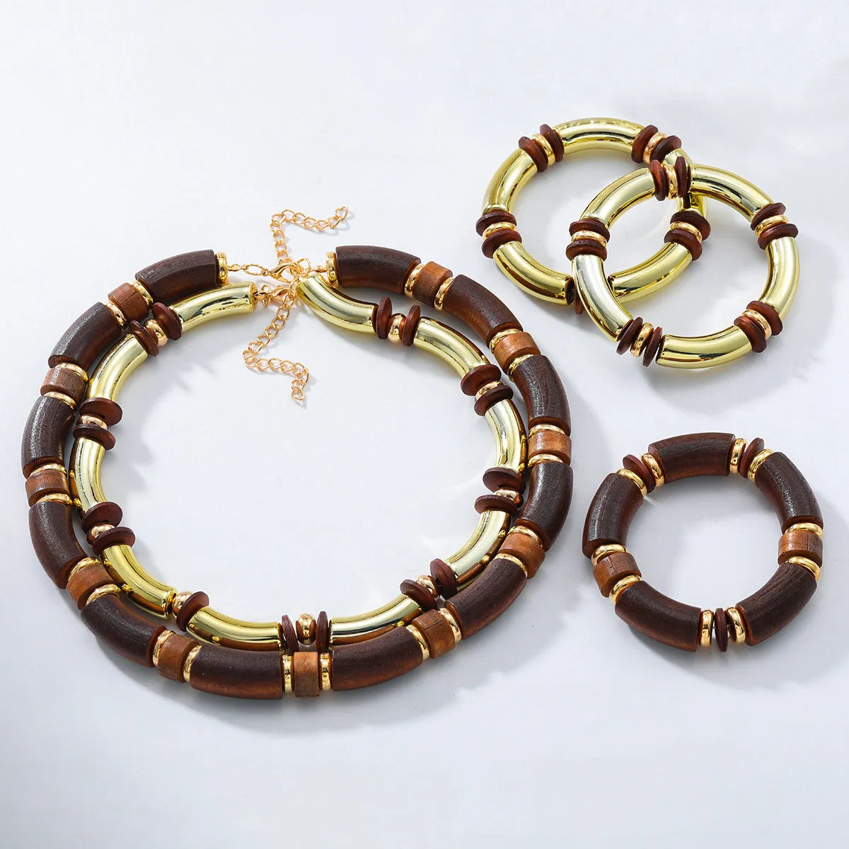 Multi-layer wooden necklace and bracelet set with alloy construction and exaggerated styling