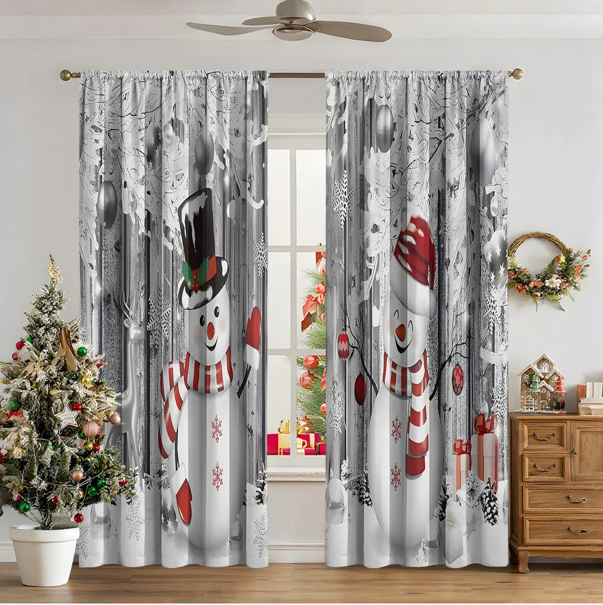 Pair of 3D digitally printed Christmas curtains with a European pattern on polyester fabric.