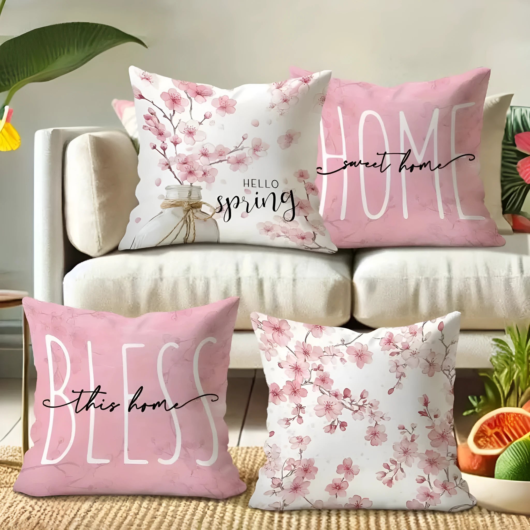 Square short velvet cushion cover with cherry blossom and letter print, 45cm by 45cm.