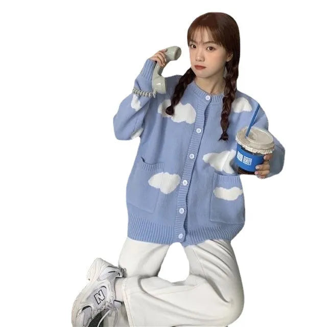Women's blue cloud pattern spandex cardigan with loose fit and long sleeves