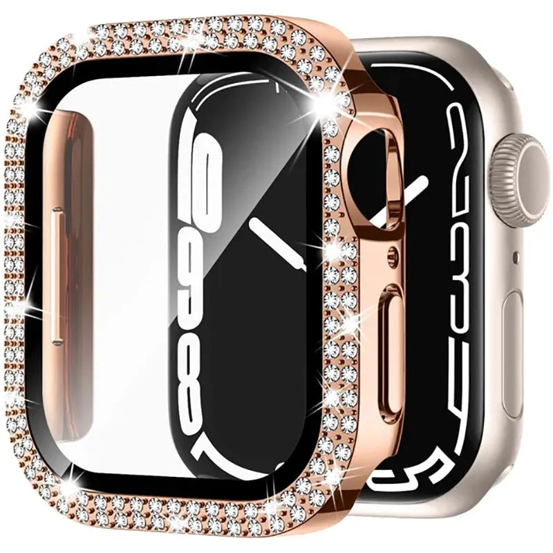Apple Watch case with Double Diamond glass and privacy screen in rose gold colour for a 44mm model.