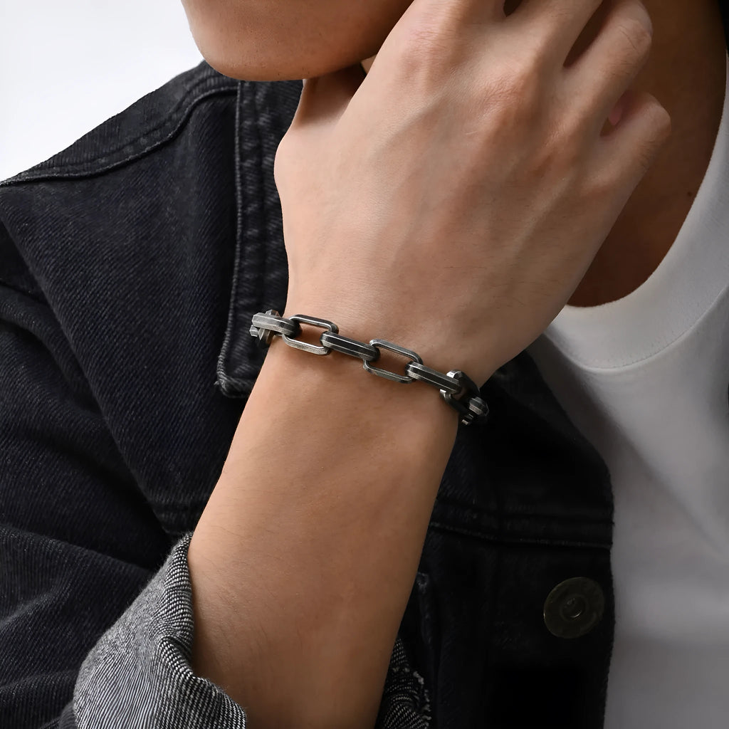 Men's titanium steel square chain bracelet in electroplated black gold retro or steel colours