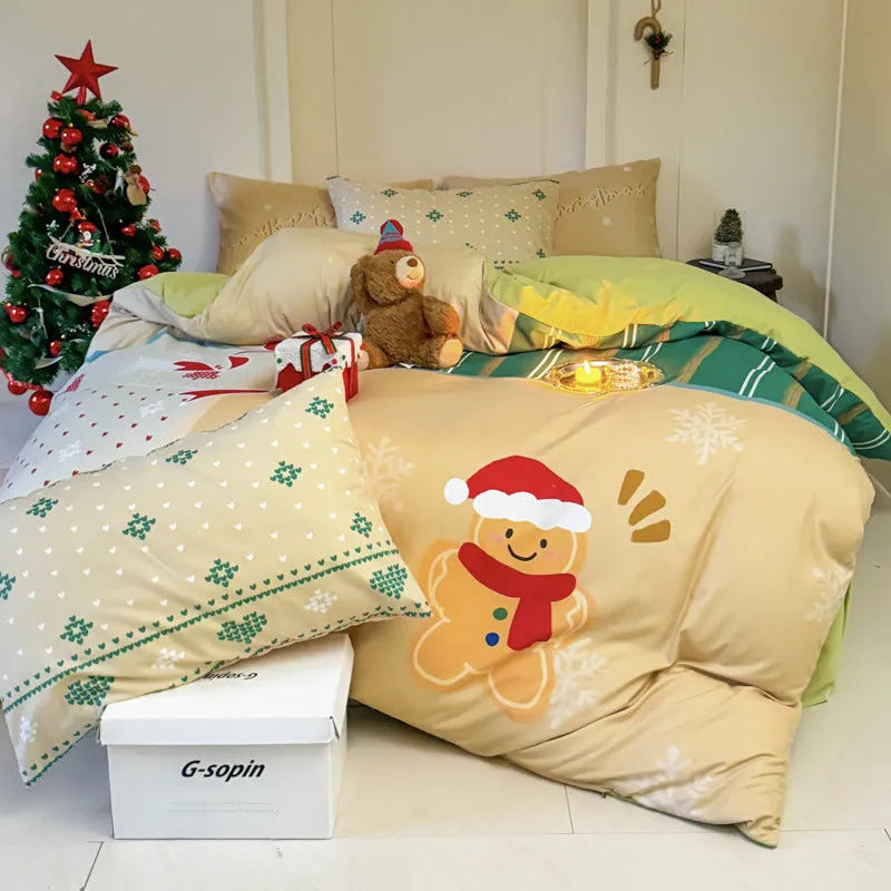 Christmas cartoon printed bedding set with super soft washed cotton material showing Gingerbread Man pattern